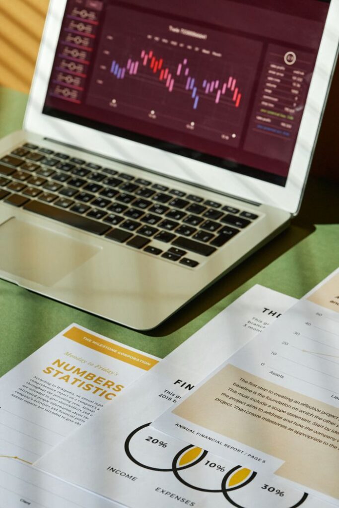 Close-up of financial documents and a laptop displaying graphs, perfect for business analysis.
